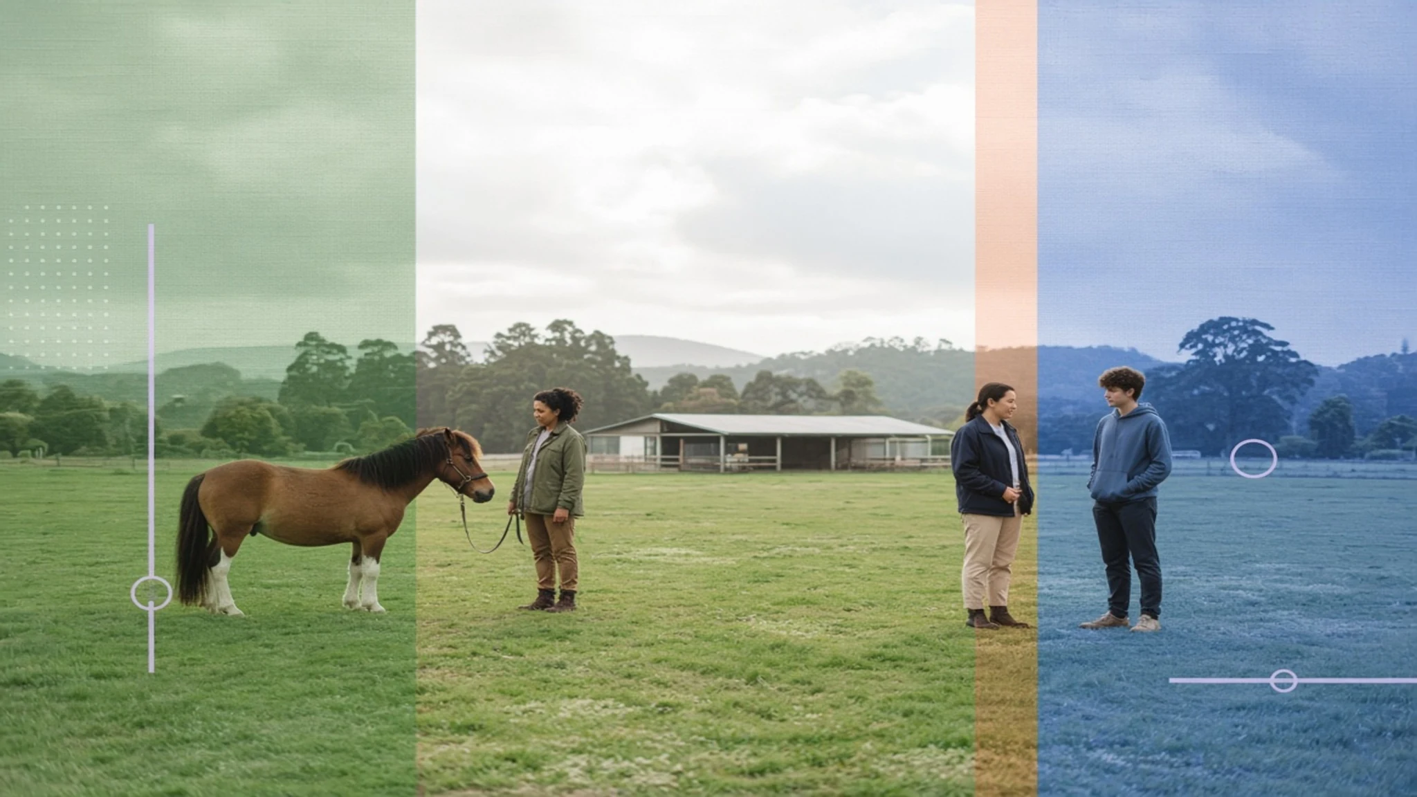 Calm pony and adult handler on one side, with responsible adults preparing on the other