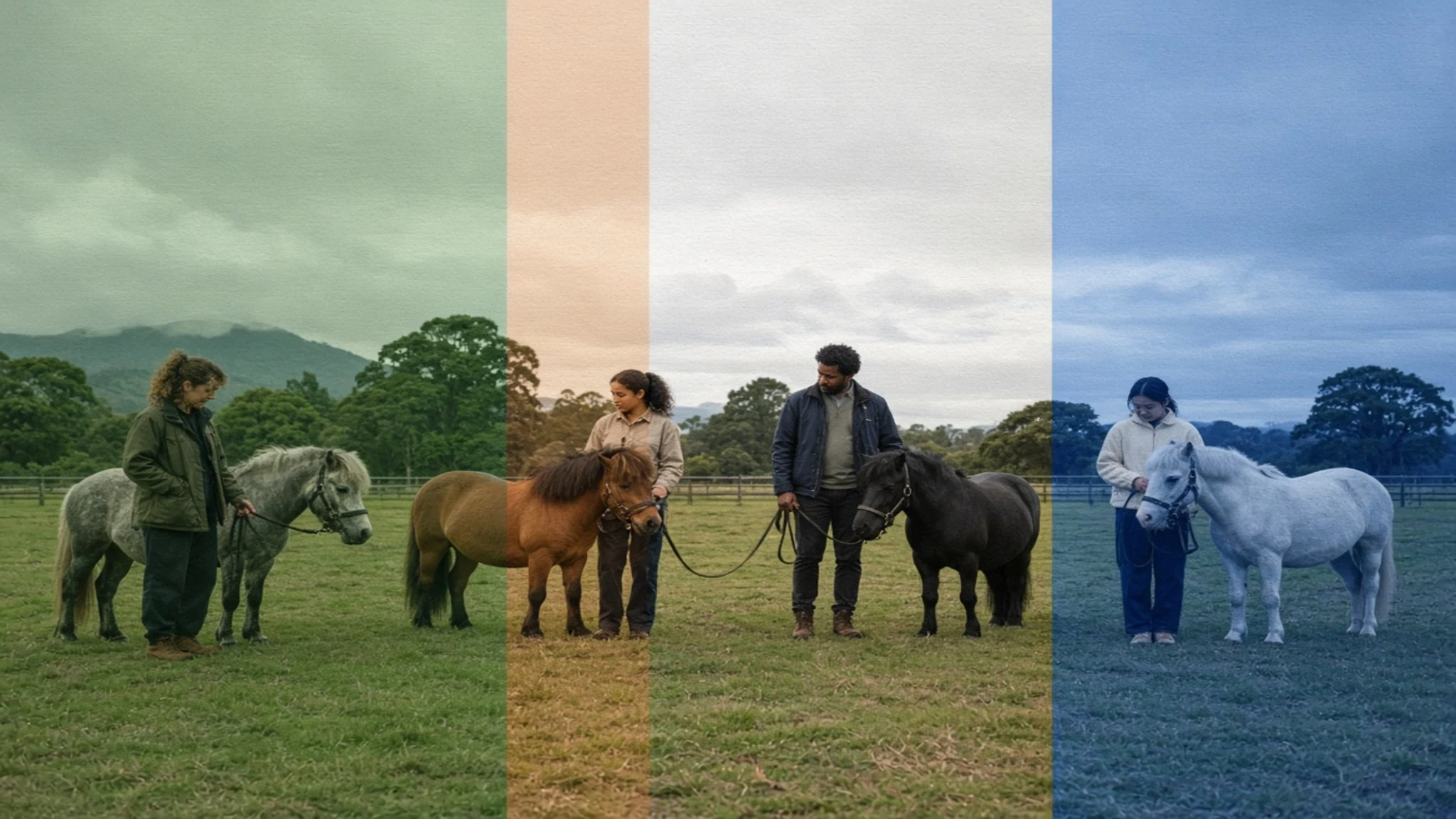 Several well-separated pony and adult-handler groups in a fictional field