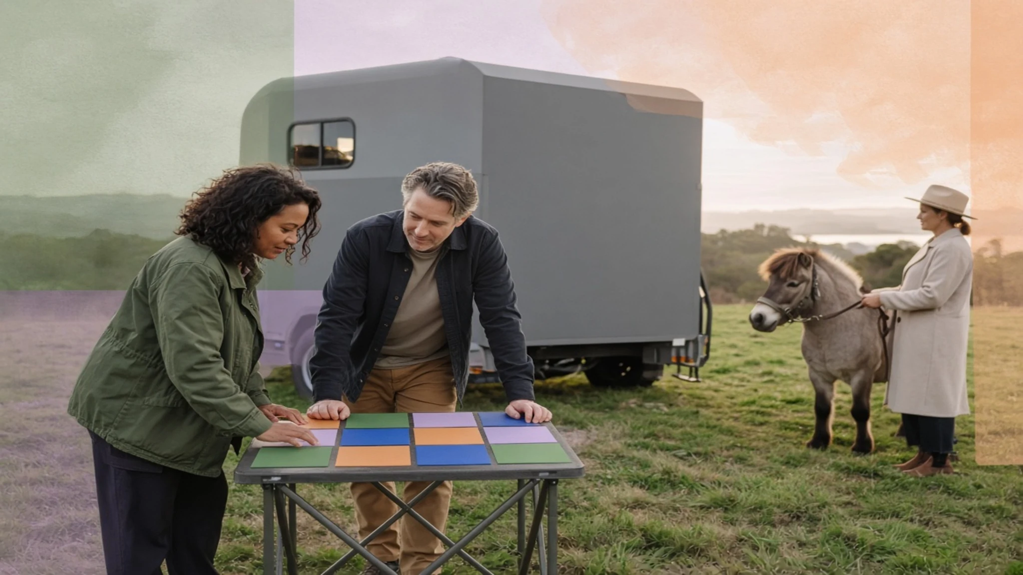 Adults using blank coloured planning tiles beside a calm, separately handled pony