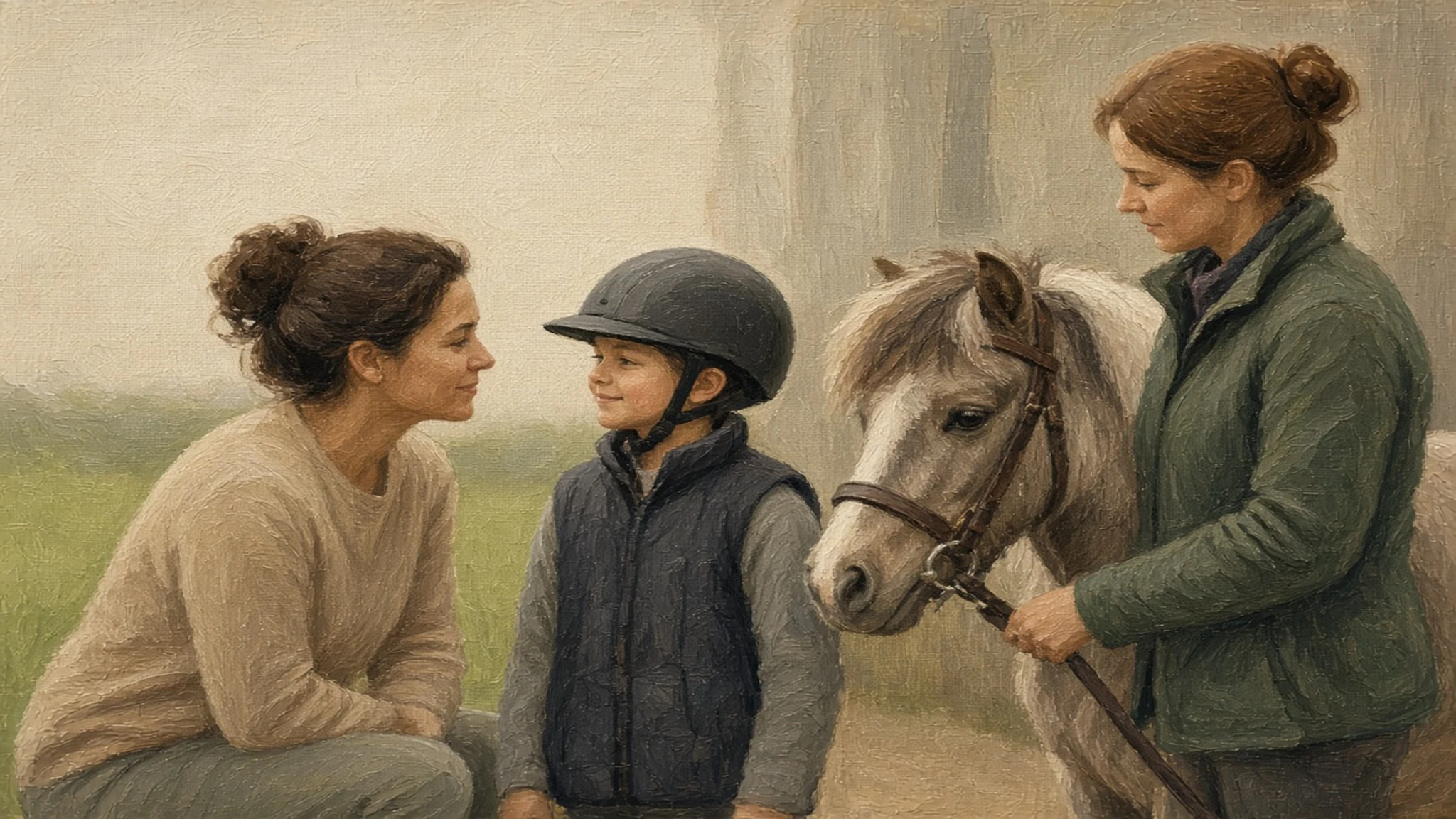 Caregiver and supervised young participant beside a calm pony and competent adult