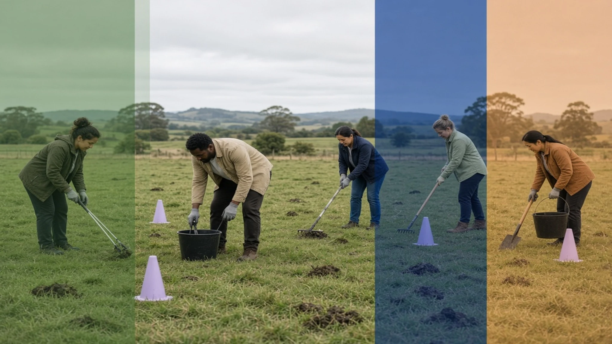 Adults caring for a shared field after ponies have left the working area
