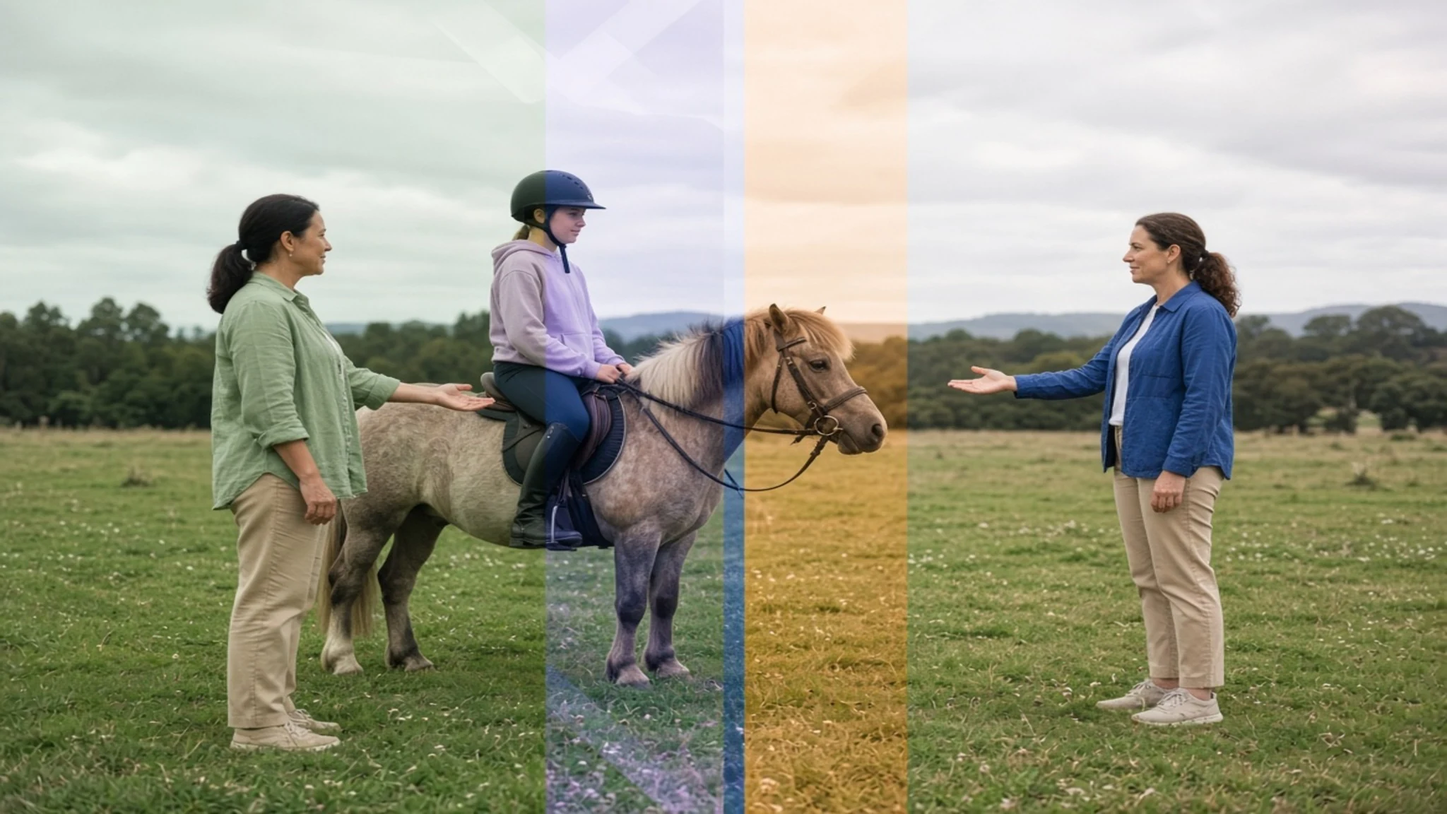 Adult-led handoff with a caregiver, supervised participant, facilitator and pony
