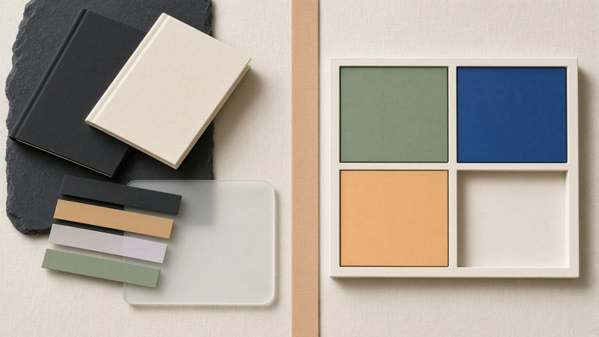 Blank coloured prompt tiles and reference materials divided by a seam